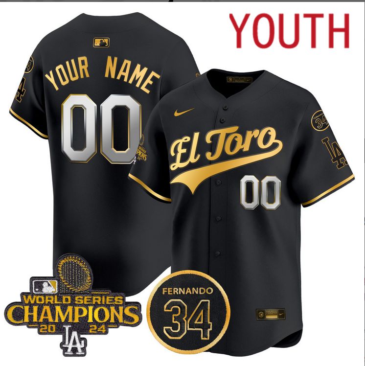 Youth MLB Los Angeles Dodgers Custom black 2024 World Series Champions Patch Cooperstown Jersey->youth mlb jersey->Youth Jersey